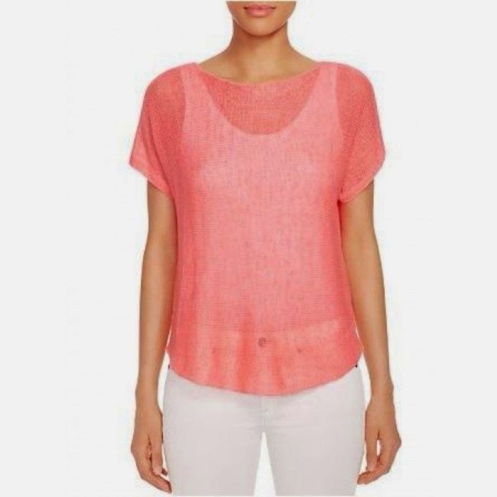 Eileen Fisher Watermelon Organic Linen Open Knit Bateau Neck Box Top Sz M